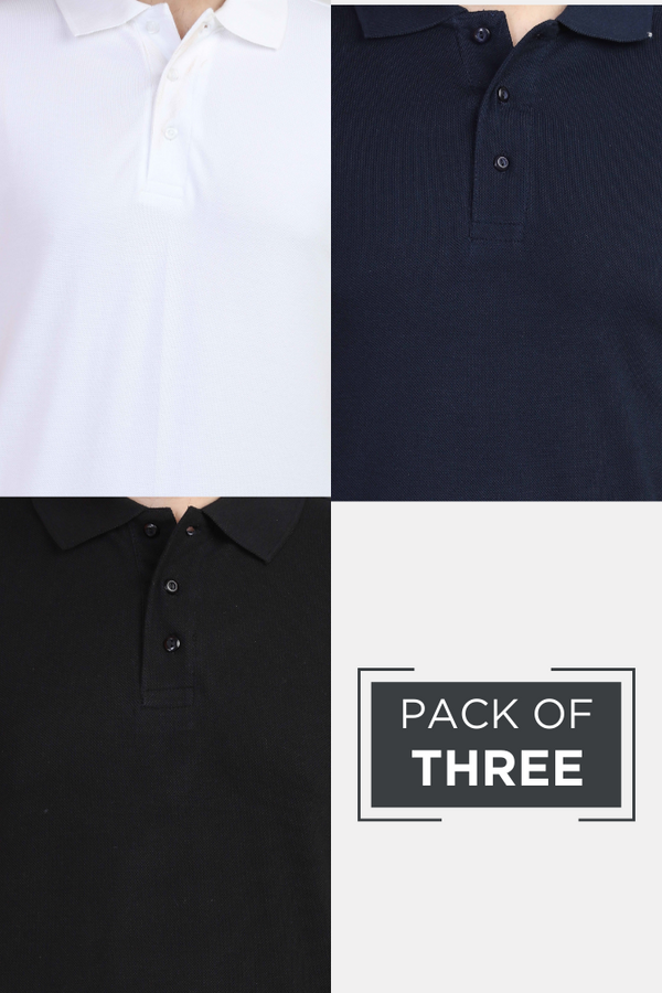 Pack Of 3 Polo T-Shirts White Black And Navy Blue For Men - WowWaves