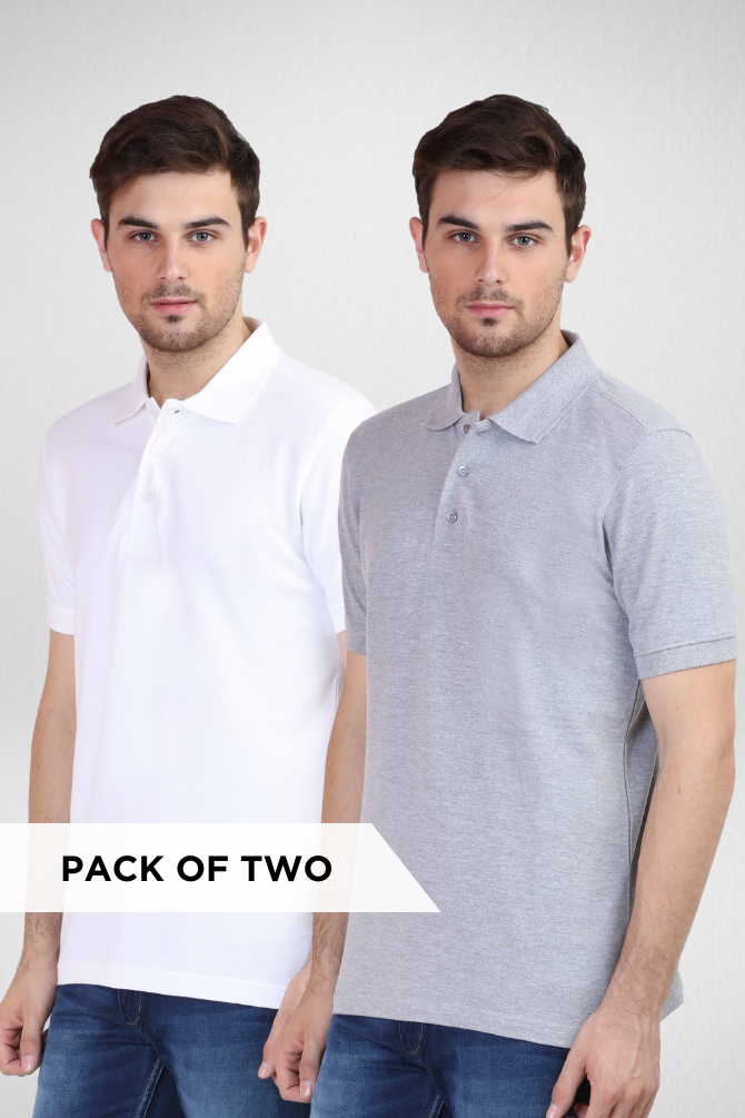 White And Grey Melange Polo T-Shirts Combo For Men - WowWaves - 1