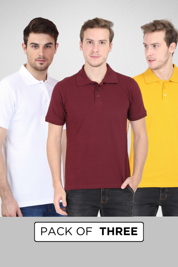 Pack Of 3 Polo T-Shirts White Maroon And Mustard Yellow For Men - WowWaves