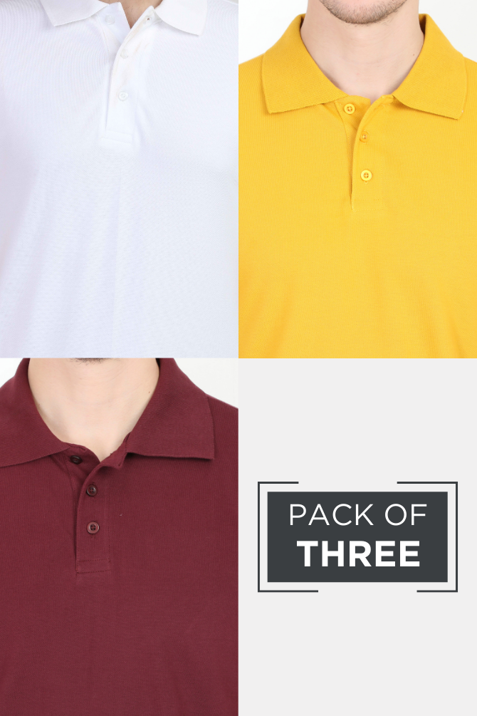 Pack Of 3 Polo T-Shirts White Maroon And Mustard Yellow For Men - WowWaves - 1