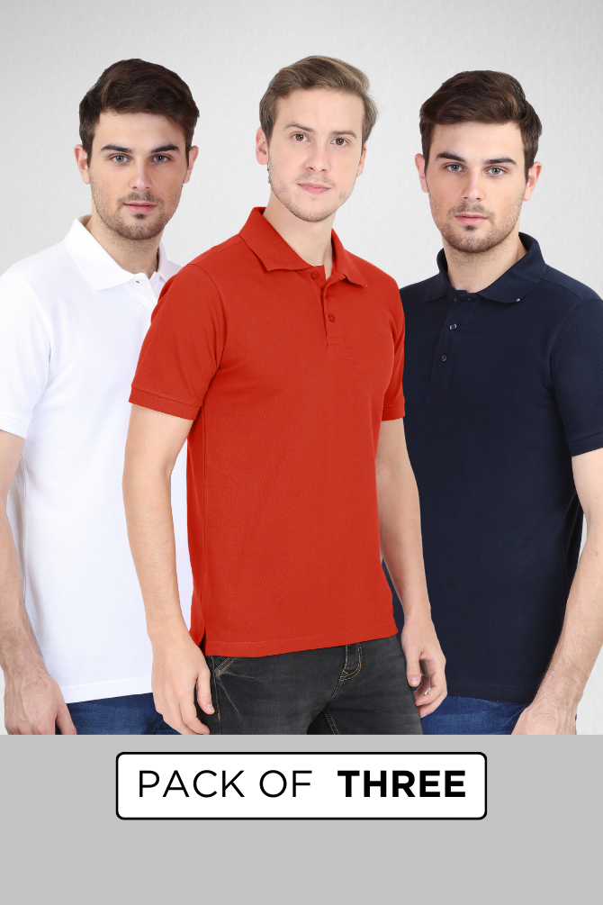Pack Of 3 Polo T-Shirts White Navy Blue And Brick Red For Men - WowWaves - 1