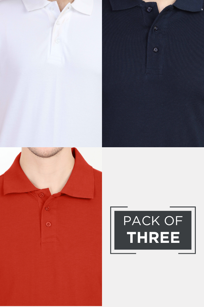 Pack Of 3 Polo T-Shirts White Navy Blue And Brick Red For Men - WowWaves