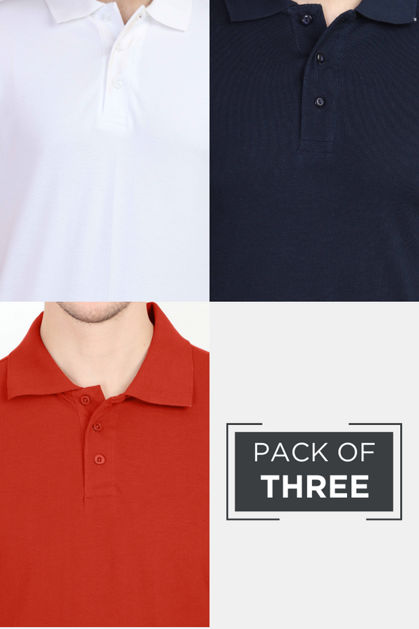 Pack Of 3 Polo T-Shirts White Navy Blue And Brick Red For Men - WowWaves