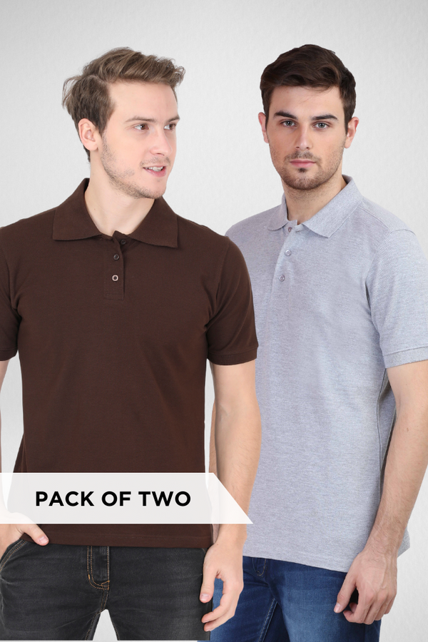Coffee Brown And Grey Melange Polo T-Shirts Combo For Men - WowWaves