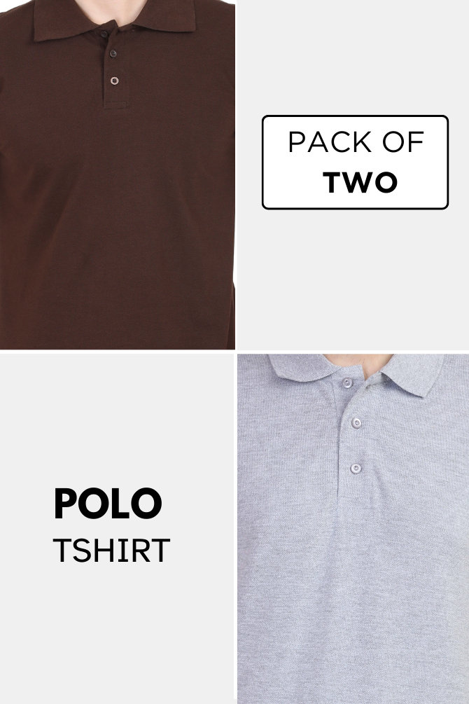 Coffee Brown And Grey Melange Polo T-Shirts Combo For Men - WowWaves - 1
