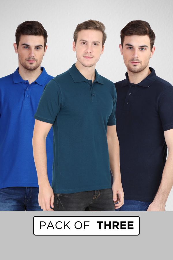 Pack Of 3 Polo T-Shirts Petrol Blue Royal Blue And Navy Blue For Men - WowWaves