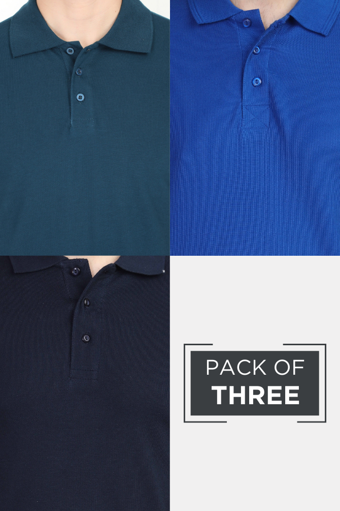 Pack Of 3 Polo T-Shirts Petrol Blue Royal Blue And Navy Blue For Men - WowWaves - 1