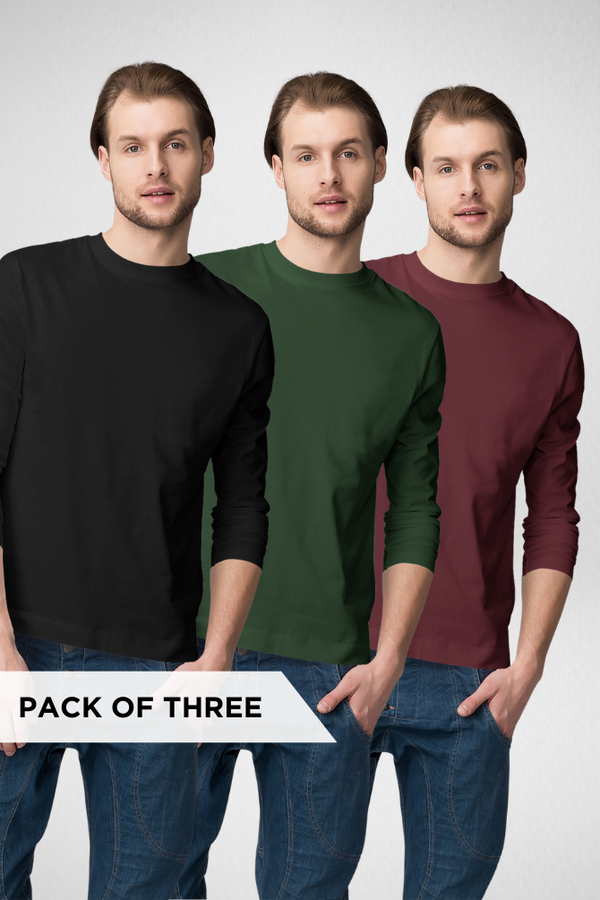 Pack Of 3 Full Sleeve T-Shirts Black Bottle Green And Maroon For Men - WowWaves