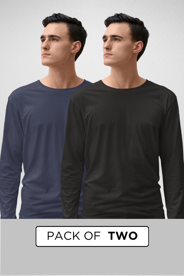 Black And Navy Blue Full Sleeve T-Shirts Combo For Men - WowWaves
