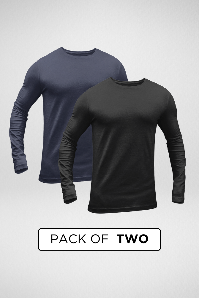 Black And Navy Blue Full Sleeve T-Shirts Combo For Men - WowWaves - 1