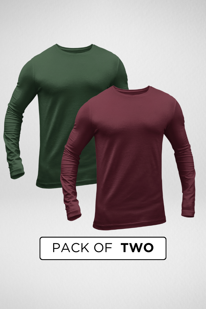 Maroon And Bottle Green Full Sleeve T-Shirts Combo For Men - WowWaves - 1