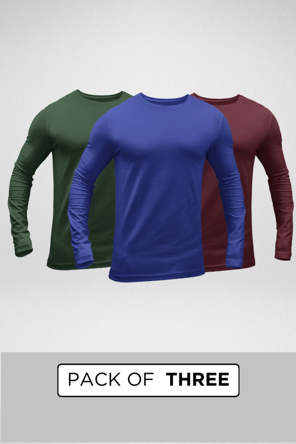 Pack Of 3 Full Sleeve T-Shirts Maroon Bottle Green And Royal Blue For Men - WowWaves