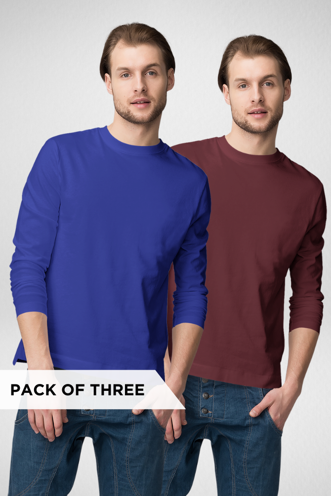 Royal Blue And Maroon Full Sleeve T-Shirts Combo For Men - WowWaves - 1