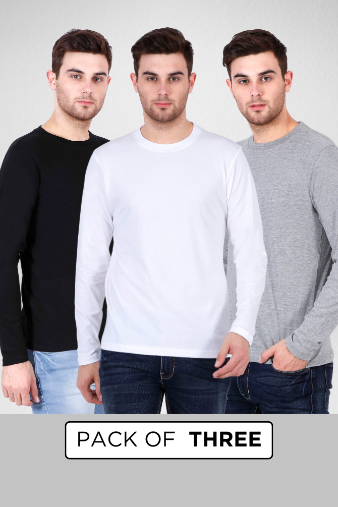 Pack Of 3 Full Sleeve T-Shirts White Black And Grey Melange For Men - WowWaves - 1