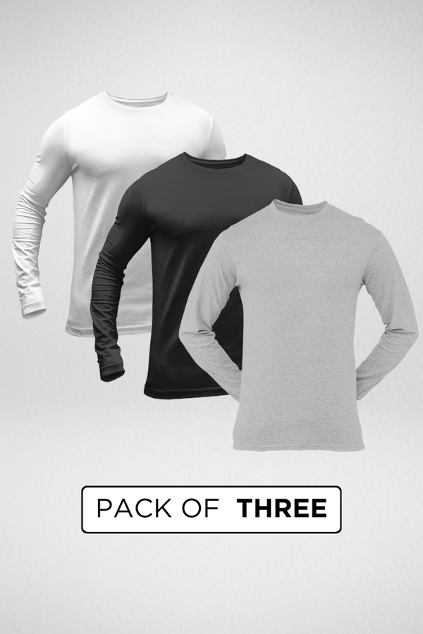 Pack Of 3 Full Sleeve T-Shirts White Black And Grey Melange For Men - WowWaves