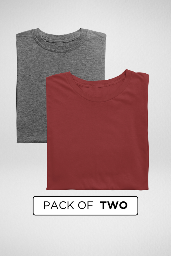 Brick Red And Charcoal Melange Plain T-Shirts Combo For Men - WowWaves