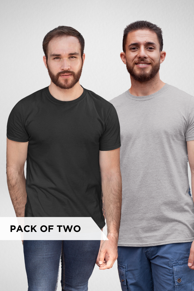 Black And Grey Melange Plain T-Shirts Combo For Men - WowWaves
