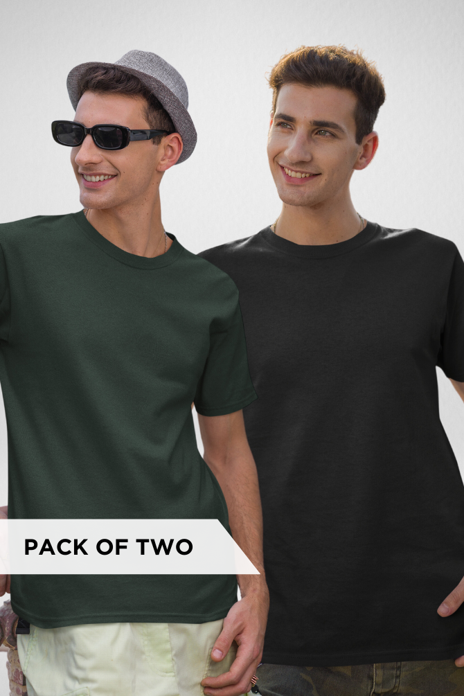 Black And Bottle Green Plain T-Shirts Combo For Men - WowWaves - 1