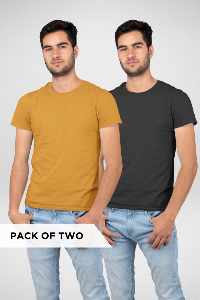 Black And Mustard Yellow Plain T-Shirts Combo For Men - WowWaves