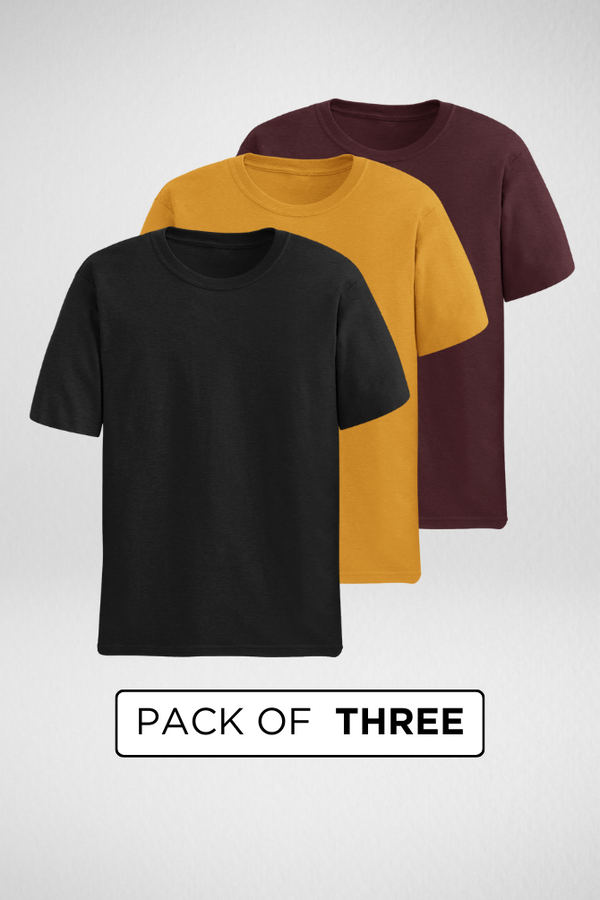 Pack Of 3 Plain T-Shirts Black Maroon And Mustard Yellow For Men - WowWaves