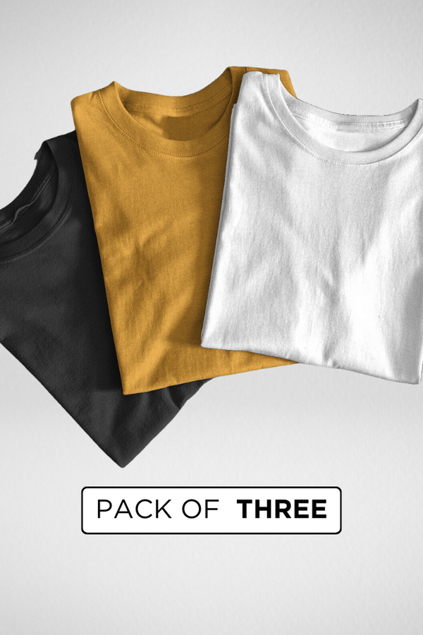 Pack Of 3 Plain T-Shirts Black White And Mustard Yellow For Men - WowWaves