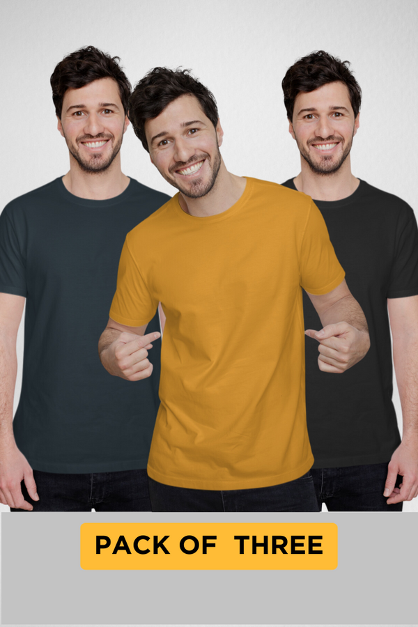 Pack Of 3 Plain T-Shirts Black Petrol Blue And Mustard Yellow For Men - WowWaves