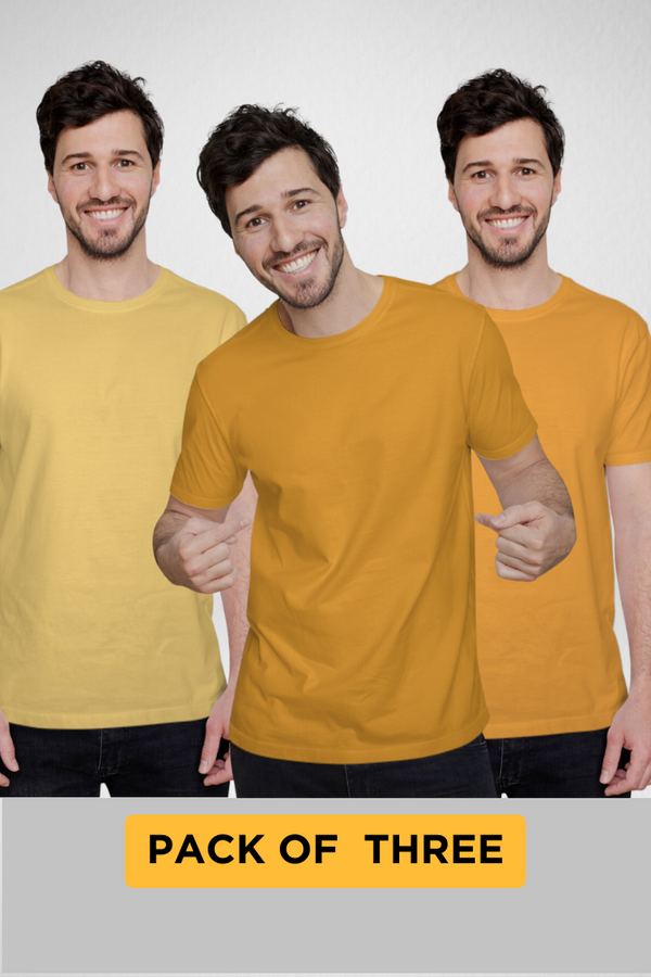 Pack Of 3 Plain T-Shirts Golden Yellow Yellow And Mustard Yellow For Men - WowWaves