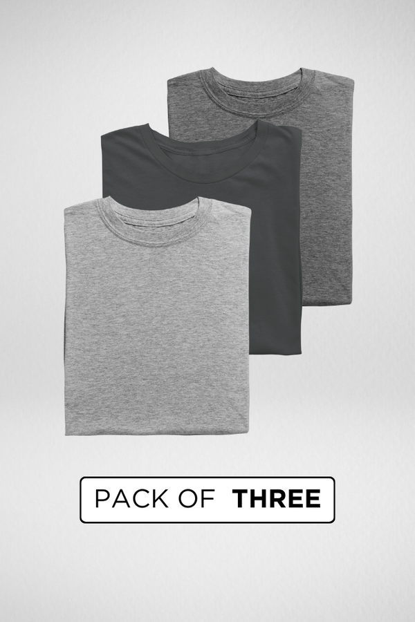 Pack Of 3 Plain T-Shirts Grey Melange Steel Grey And Charcoal Melange For Men - WowWaves