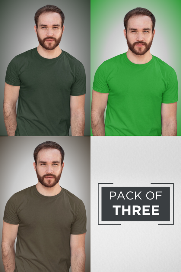 Pack Of 3 Plain T-Shirts Bottle Green Flag Green And Olive Green For Men - WowWaves