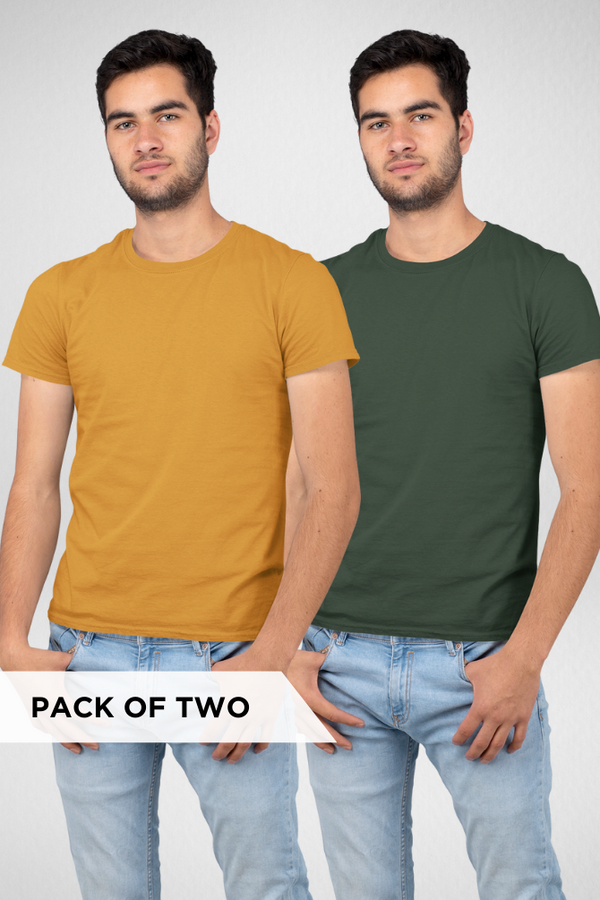 Bottle Green And Mustard Yellow Plain T-Shirts Combo For Men - WowWaves