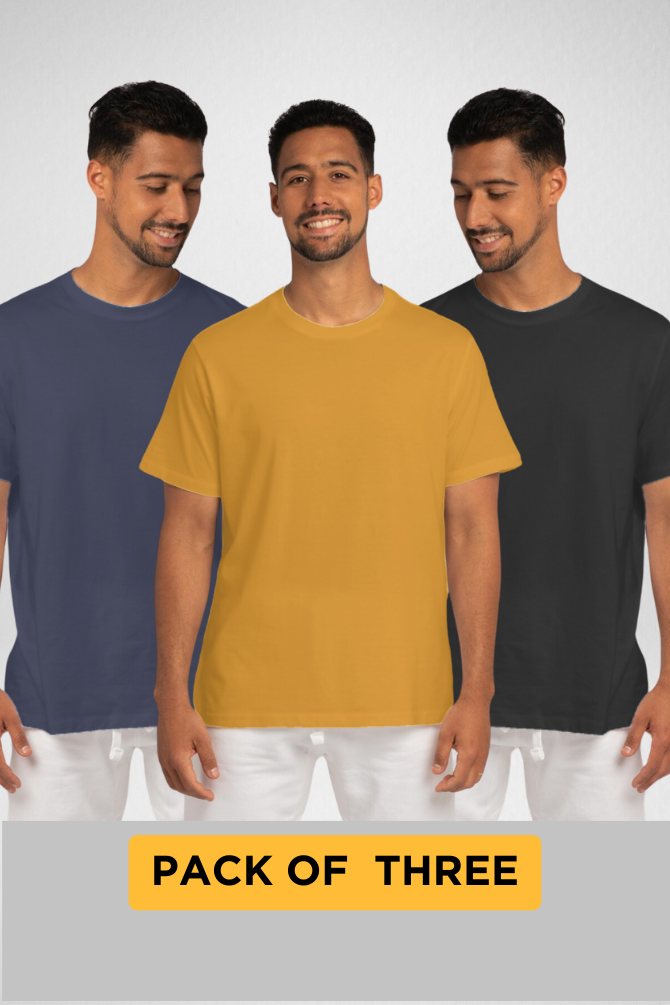 Pack Of 3 Plain T-Shirts Navy Blue Mustard Yellow And Black For Men - WowWaves - 1