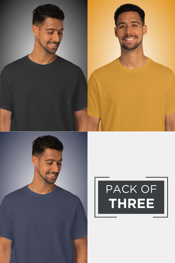 Pack Of 3 Plain T-Shirts Navy Blue Mustard Yellow And Black For Men - WowWaves