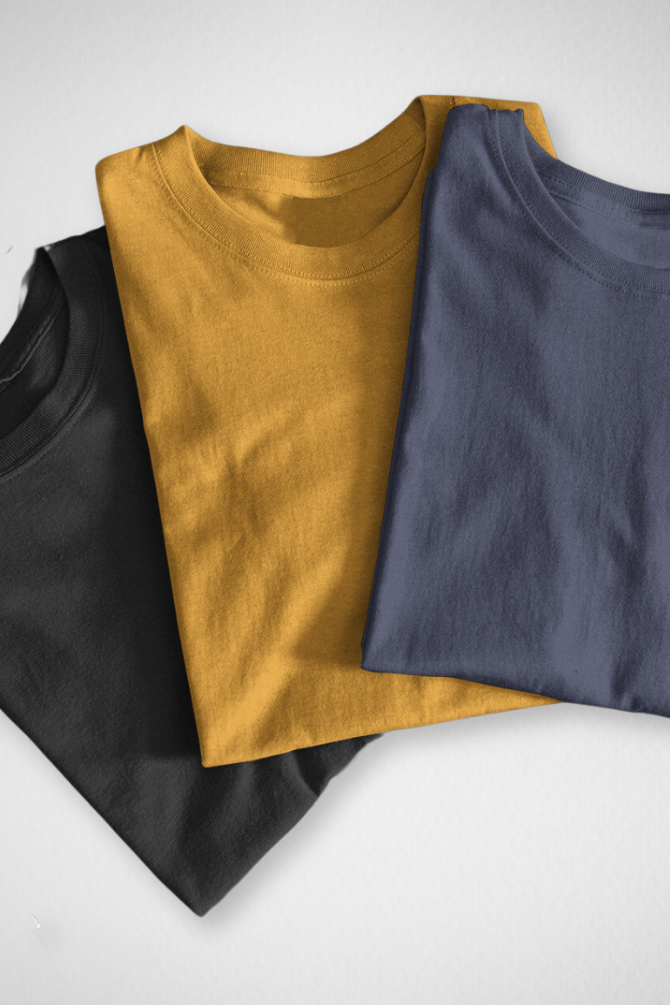 Pack Of 3 Plain T-Shirts Navy Blue Mustard Yellow And Black For Men - WowWaves - 2