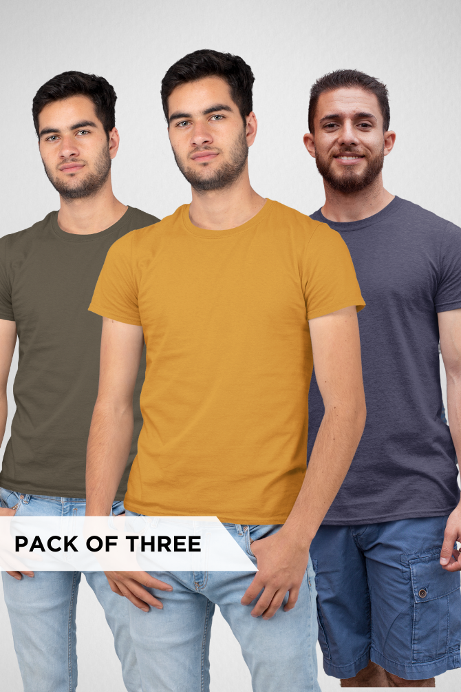 Pack Of 3 Plain T-Shirts Navy Blue Olive Green And Mustard Yellow For Men - WowWaves - 1