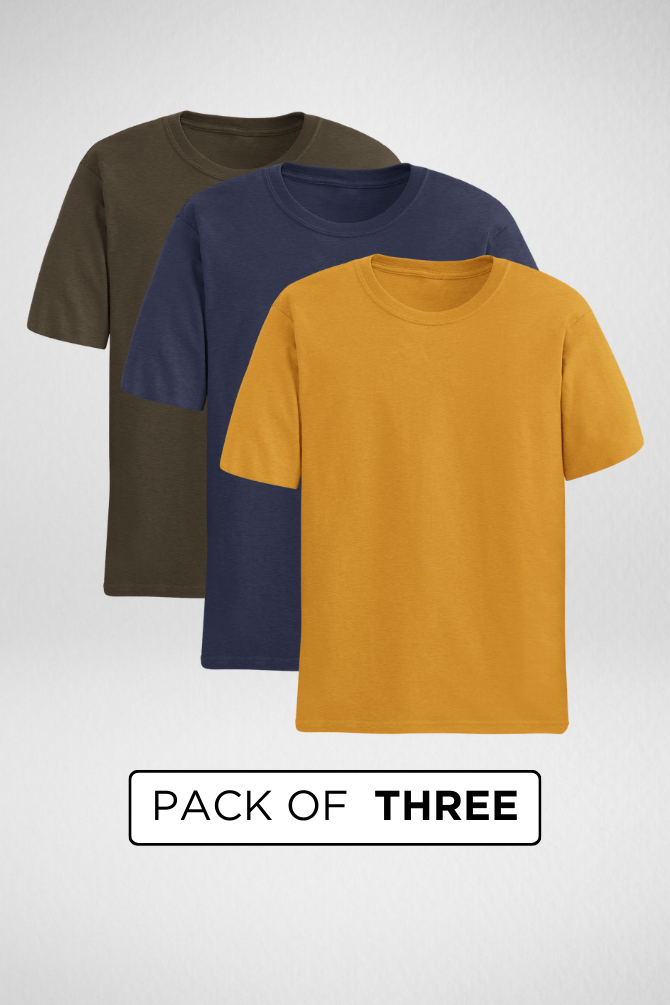 Pack Of 3 Plain T-Shirts Navy Blue Olive Green And Mustard Yellow For Men - WowWaves