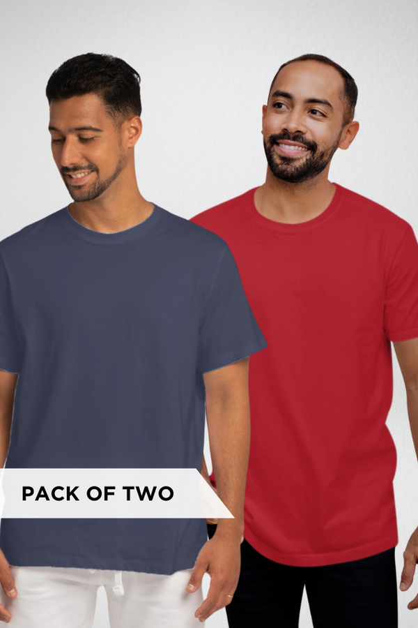 Navy Blue And Red Plain T-Shirts Combo For Men - WowWaves
