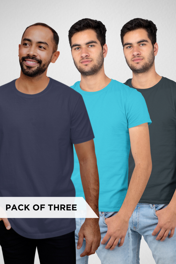 Pack Of 3 Plain T-Shirts Navy Blue Skyblue And Petrol Blue For Men - WowWaves