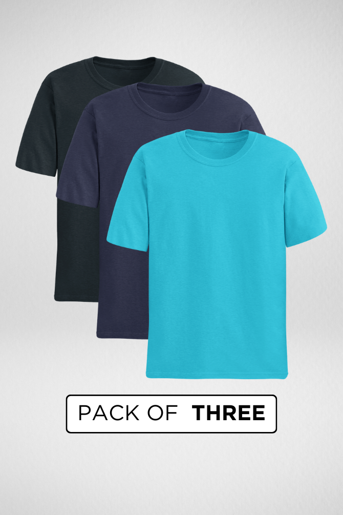 Pack Of 3 Plain T-Shirts Navy Blue Skyblue And Petrol Blue For Men - WowWaves - 1