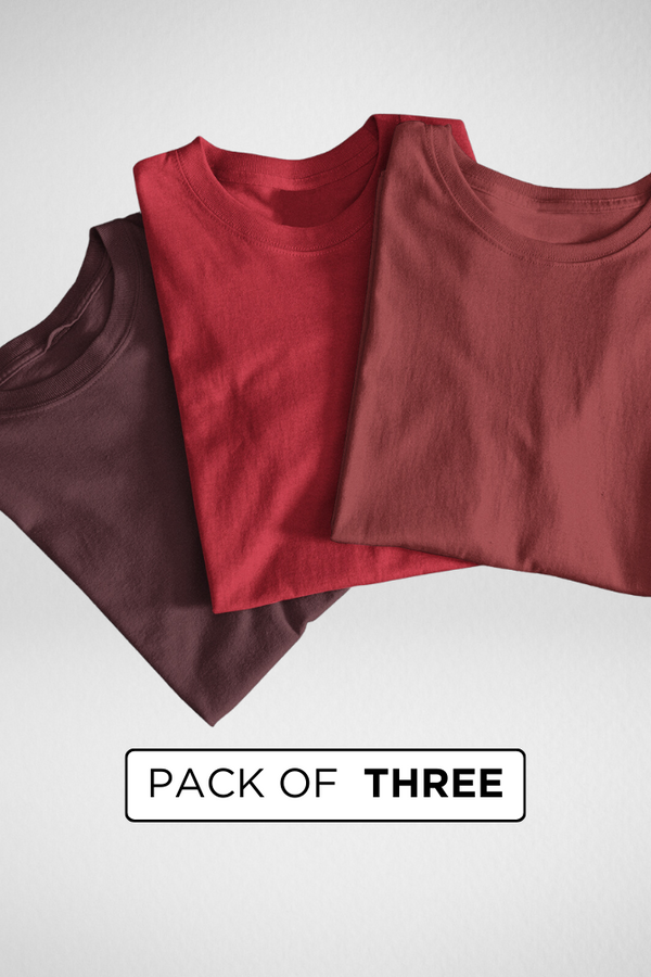 Pack Of 3 Plain T-Shirts Red Brick Red And Maroon For Men - WowWaves