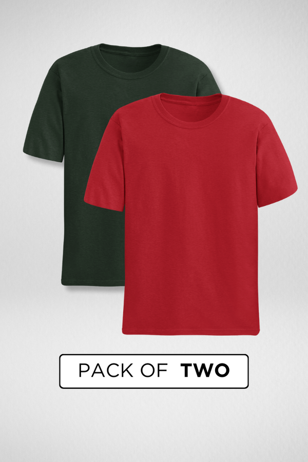 Red And Bottle Green Plain T-Shirts Combo For Men - WowWaves