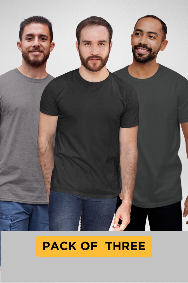 Pack Of 3 Plain T-Shirts Steel Grey Charcoal Melange And Black For Men - WowWaves