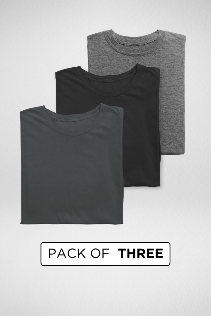 Pack Of 3 Plain T-Shirts Steel Grey Charcoal Melange And Black For Men - WowWaves - 1