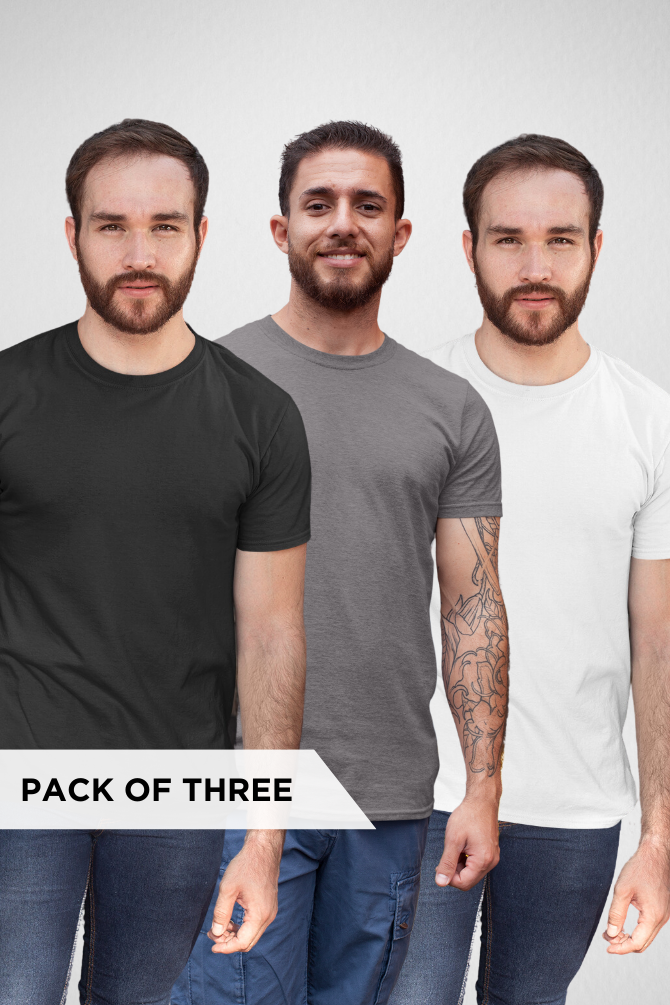 Pack Of 3 Plain T-Shirts White Black And Charcoal Melange For Men - WowWaves - 2