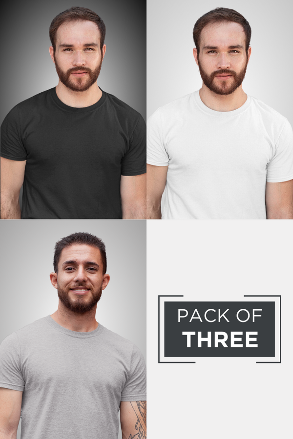 Pack Of 3 Plain T-Shirts White Black And Grey Melange For Men - WowWaves