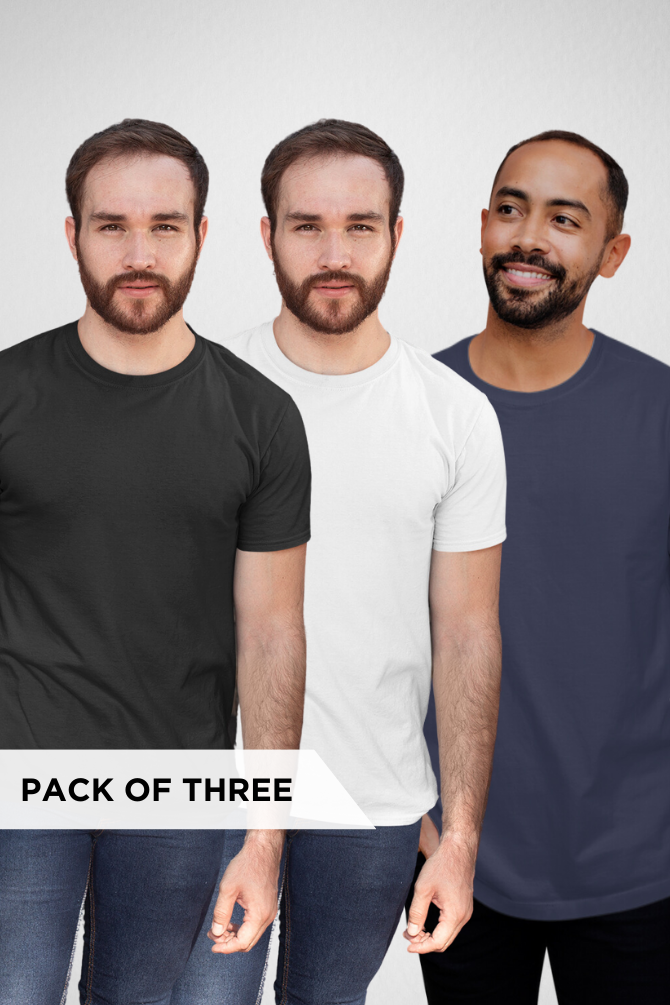 Pack Of 3 Plain T-Shirts White Black And Navy Blue For Men - WowWaves - 1