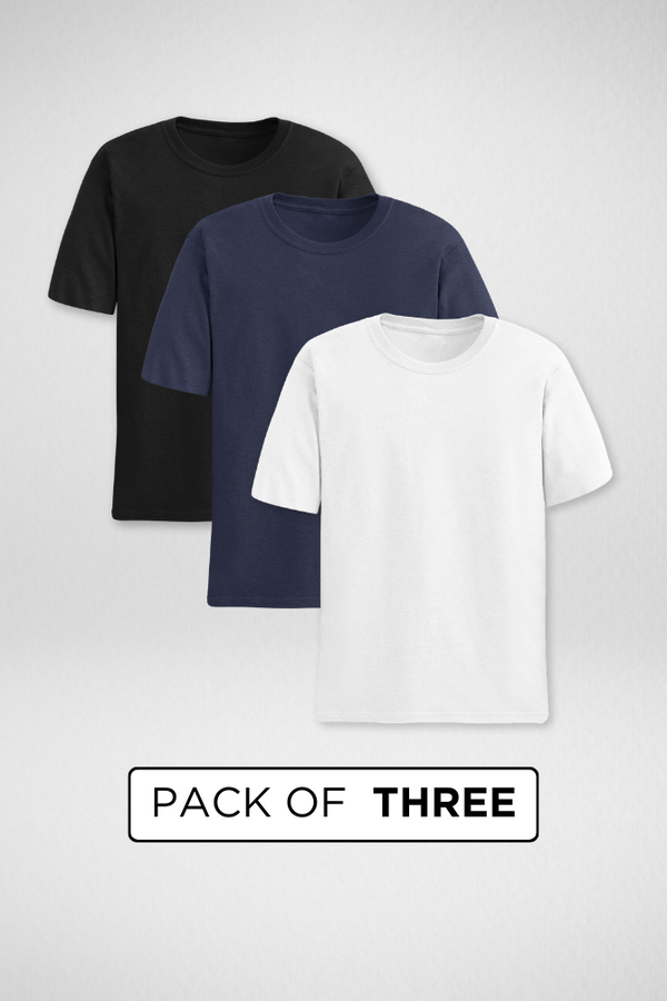 Pack Of 3 Plain T-Shirts White Black And Navy Blue For Men - WowWaves