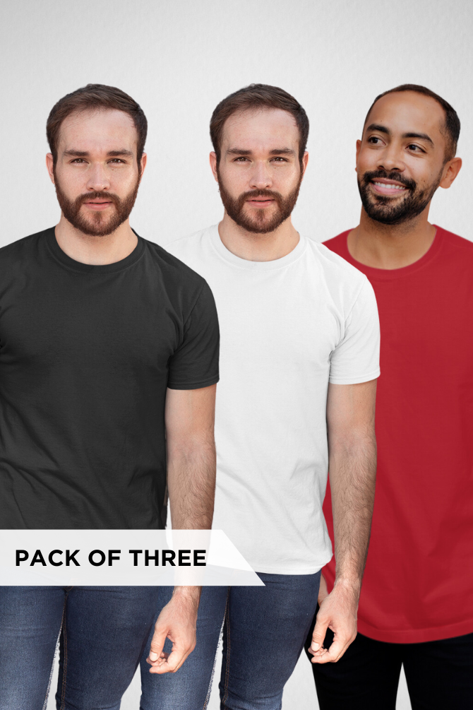 Pack Of 3 Plain T-Shirts White Black And Red For Men - WowWaves - 2