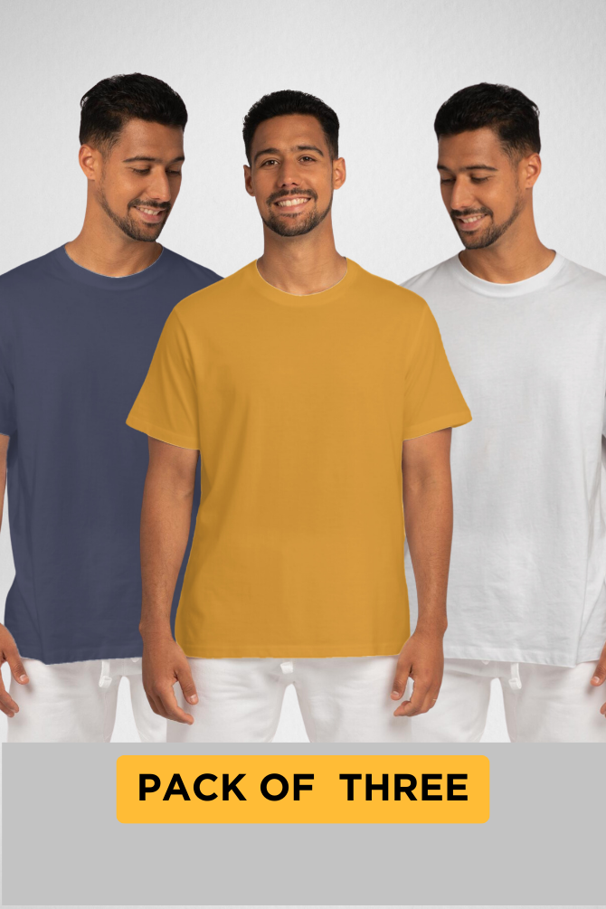 Pack Of 3 Plain T-Shirts White Navy Blue And Mustard Yellow For Men - WowWaves - 1