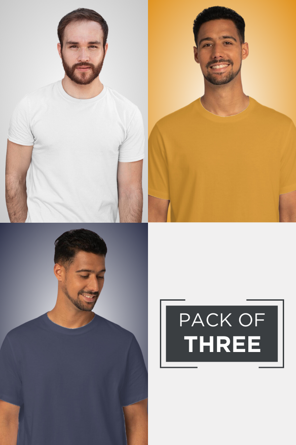 Pack Of 3 Plain T-Shirts White Navy Blue And Mustard Yellow For Men - WowWaves
