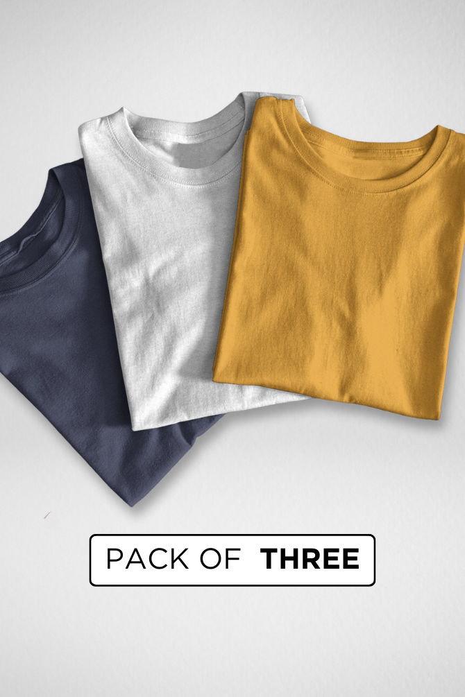 Pack Of 3 Plain T-Shirts White Navy Blue And Mustard Yellow For Men - WowWaves - 2